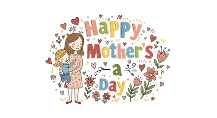 Fototapeta premium Celebrating Mother Holding Child with Floral Heart Illustration