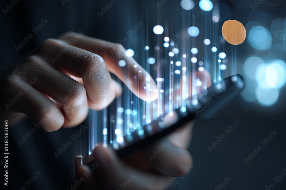 Poster person using smartphone with digital interface and futuristic technology in an innovative setting