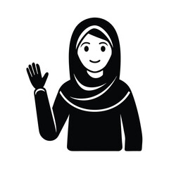 Vector illustration of a smiling woman wearing a hijab waving with her hand in a welcoming gesture.