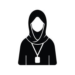Silhouette illustration of a muslim woman wearing a hijab with an id badge indicating identity or profession