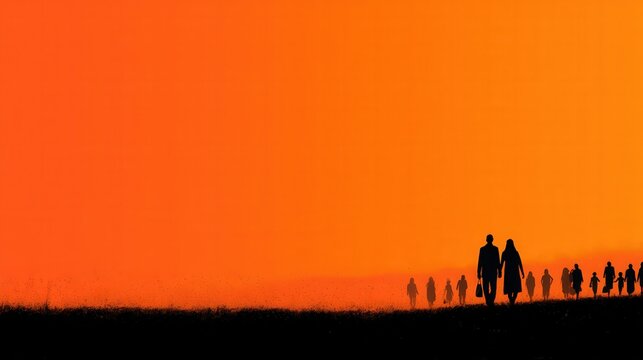 Silhouette Journey: A group of people, in silhouette against a vibrant orange sunset sky, walk towards the horizon, evoking themes of travel and togetherness.
