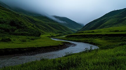 Fototapeta premium A flowing river winds through a green valley landscape setting