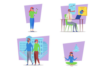 Individuals engaged in various virtual reality experiences across different environments, including education, leisure, and wellness. Growth in technology applications concept