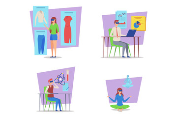 Engaging activities of virtual reality applications in various contexts, including shopping, professional development, science education, and mindfulness practices in modern environment