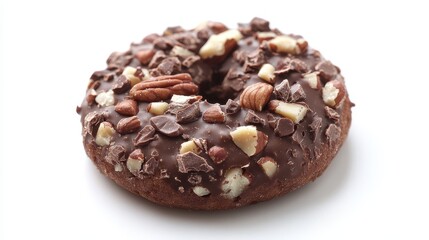Indulging in a rich chocolate doughnut adorned with crunchy nuts against a stark white background showcasing its enticing features