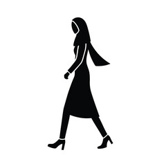 Silhouette of a modern muslim woman walking forward in a stylish outfit depicted in minimalist black and white