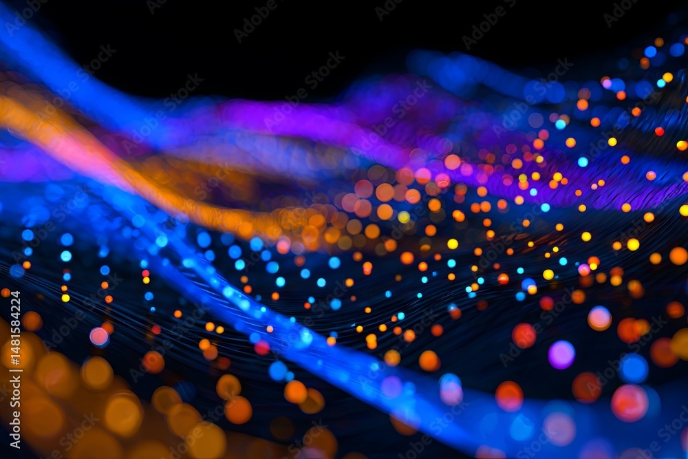 Poster colorful light trails and dots forming a vibrant abstract background design in a dark setting