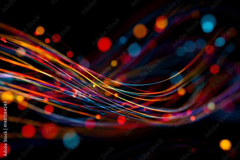Poster colorful light trails and dots forming a vibrant abstract background design in a dark setting