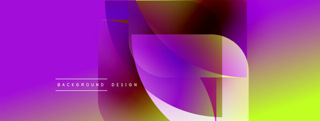 Abstract vibrant design. Overlapping shapes create dynamic visual effect. Purple, yellow hues dominate composition. Modern aesthetic.
