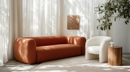 A modern living room with a orange sofa, white accent chair, and minimalist wall art. Natural light filters through sheer curtains, highlighting a plant and wooden side table.