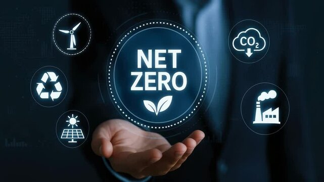 A professional hand displaying icons related to achieving net zero emissions goals.