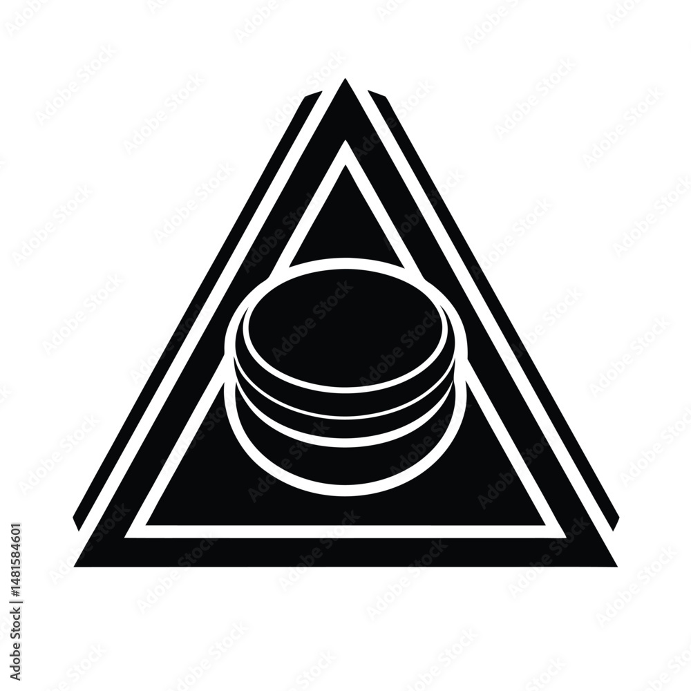 Poster geometric black and white design featuring a stack of circular shapes enclosed within a triangle sym