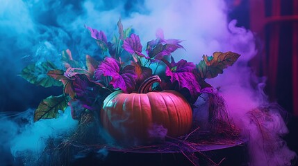 Elegant Halloween pumpkin arrangement with mysterious purple and green mood lighting creates an eerie and sophisticated ambience, perfect for holiday decorations, celebrations and mysterious themes.