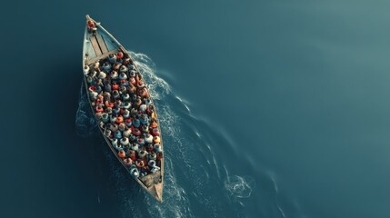 Overcrowded Refugee Boat: A small, overcrowded boat carrying numerous refugees sails across a vast expanse of dark blue water. The image evokes a sense of vulnerability and hope.
