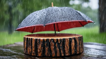 Black and Red Umbrella Protecting Wooden Slice in Rain