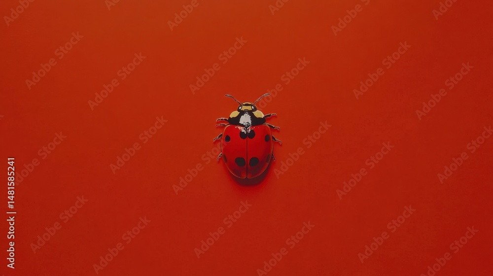 Poster ladybug resting on a red surface top-down shot minimalist style natural light insect macro close-up