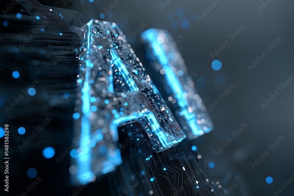 Poster futuristic artificial intelligence symbol in digital space with blue light and tech elements for inn