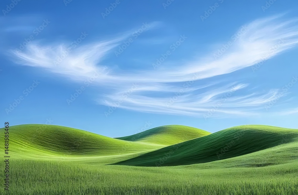 Aufkleber 緑豊かな草と青い空の穏やかな風景 穏やかな丘陵地帯のパノラマの眺めと明るい晴れた日の静かな雰囲気