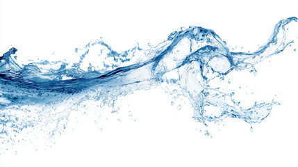 horizontal clear blue water splash captured mid-motion, white isolated background, clean lighting, zero shadow