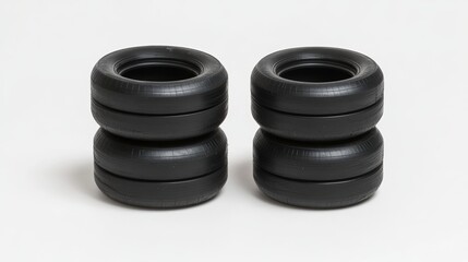 Two stacks of car tires on white background: automotive industry and rubber material concept 