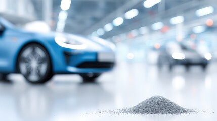 Fototapeta premium The growing demand and discovery of rare earth elements. Rare earth powder scattered on a surface, with a high-tech electronics factory in the background.