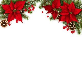 Red poinsettias with greenery and berries as a festive border, holiday-themed.