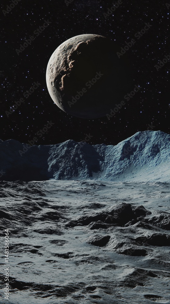 Poster moon surface with craters and mountains in space landscape view from ground level with stars in back