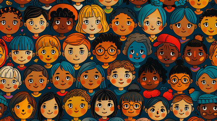 Diverse children's faces, various ethnicities, cheerful expressions, seamless pattern.