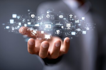 Hand Holding Information Icon with Various Business, Finance, and Technology Symbols in a Modern Digital Interface Concept