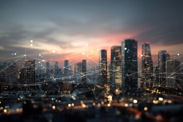 Fototapeta premium Urban skyline view with illuminated buildings and digital network connections at sunset, showcasing modern technology and city life dynamics