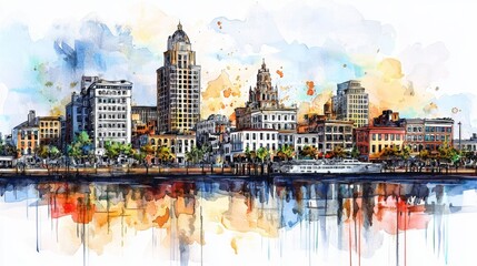 Fototapeta premium Stunning watercolor art highlighting the beauty of Savannah city.