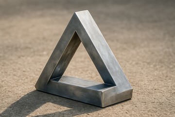 An impossibly constructed metal sculpture of a penrose triangle optical illusion on textured ground