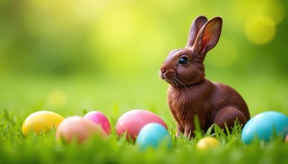 Chocolate bunny surrounded by colorful eggs, green grass , happy, bunnyrabbit, food