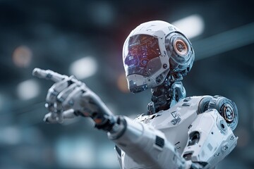 Futuristic Robot Interaction with Holographic Data Interface and Digital Graphics in an Advanced Technology Environment