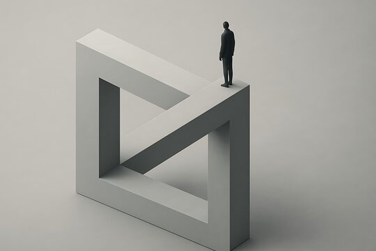 Conceptual illustration depicting a human figure on an impossible geometric penrose triangle structure