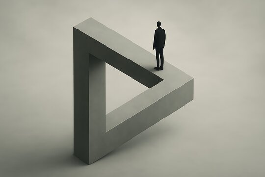 Surreal and abstract composition of a person standing on an impossible penrose triangle illusion rendered in gray.