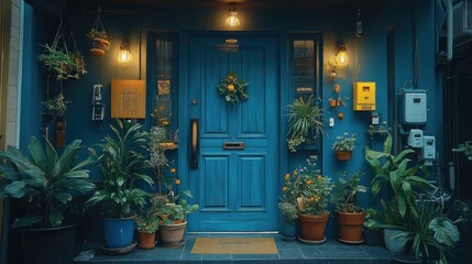 Enchanting Teal Blue Doorway Illuminated by Warm Lights and Surrounded by Lush Potted Greenery