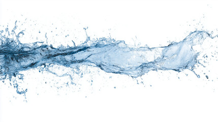 horizontal clear blue water splash captured mid-motion, white isolated background, clean lighting, zero shadow