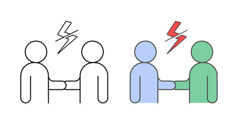 Fototapeta premium Conflict resolution icon – handshake between two people with slashed lightning symbol, representing peace, agreement, and resolving disagreements.