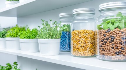 Colorful beans in glass jars and herbs on white shelves: pantry organization idea healthy food storage in kitchen cooking ingredients in clear containers with plant decoration 