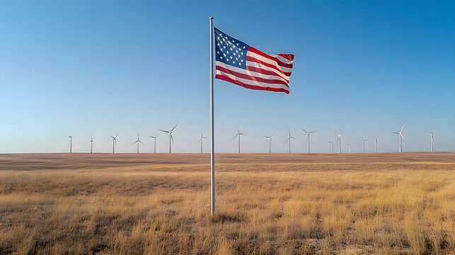 American flag waves proudly over wind farm in golden field under blue sky