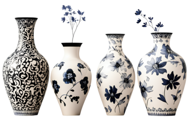 A set of black and white decorative vases with a blue flower pattern, on a transparent background