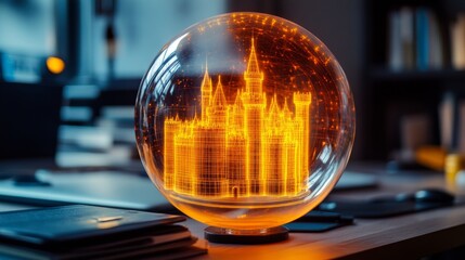 Futuristic glowing castle hologram inside a glass bubble on desk: digital architecture technology concept protection and innovation science fiction world building and design 