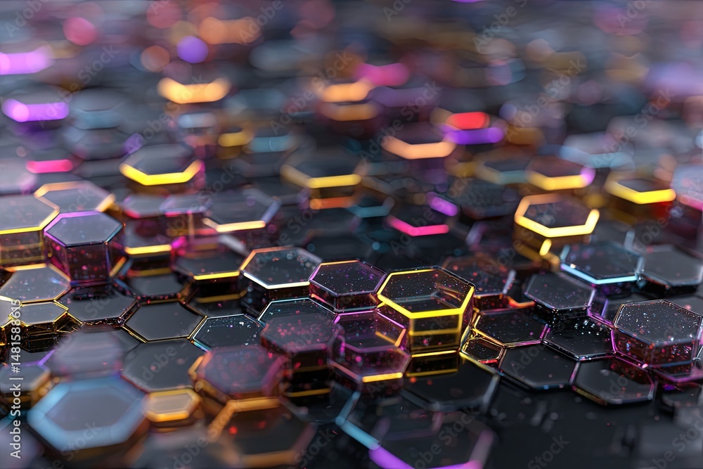 Poster vibrant hexagonal patterns with luminous neon colors and glossy surfaces for modern design applicati