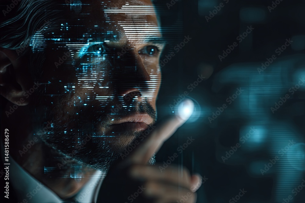 Poster businessman using futuristic technology with ai interface and digital graphics in dark environment