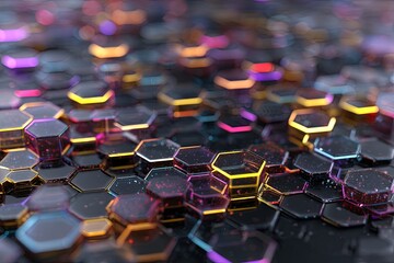 Fototapeta premium Vibrant Hexagonal Patterns with Luminous Neon Colors and Glossy Surfaces for Modern Design Applications