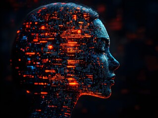 a woman ' s head with a binary code pattern on it