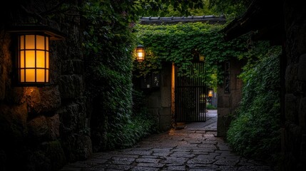 A beautiful stone walkway with lamps leading into an entrance