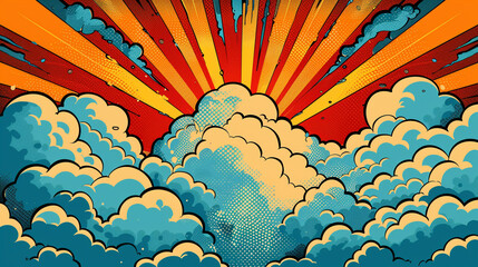 Bold comic book style graphic of vibrant clouds and sun rays.