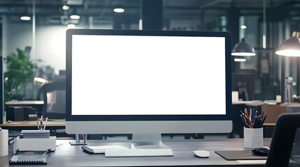 Fototapeta premium Empty computer screen in a contemporary office setting.